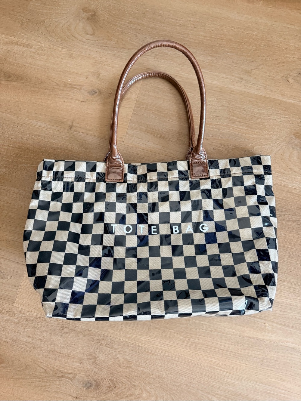 Checkerboard Tote Bag with Brown Handles